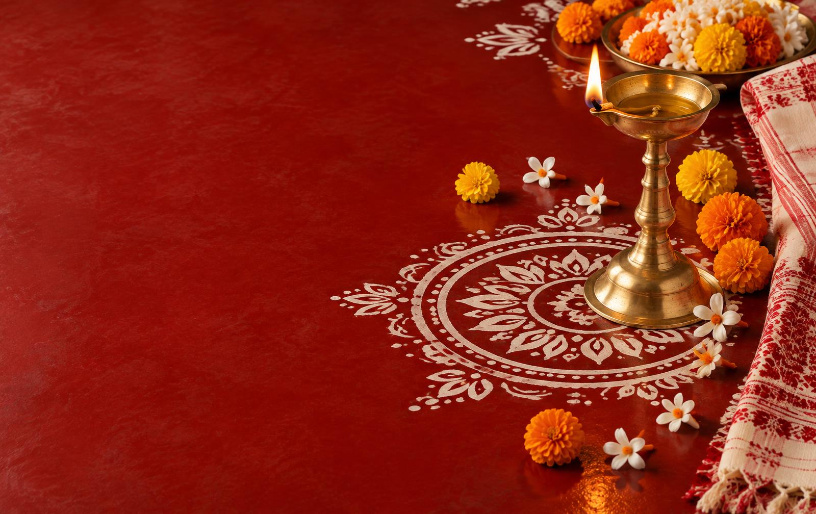 A brass festival lamp surrounded by marigolds and Bengali alpana